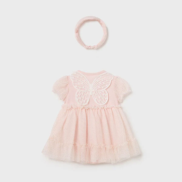 Mayoral Girls Pink Tulle Romper Overlay Skirt, Headband Set