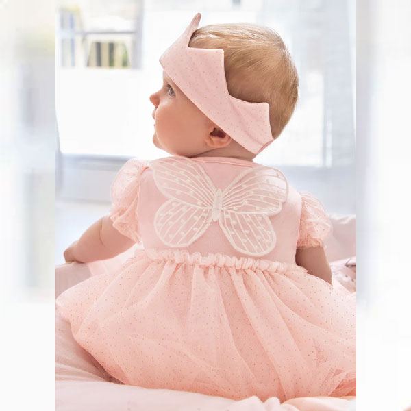 Mayoral Girls Pink Tulle Romper Overlay Skirt, Headband Set