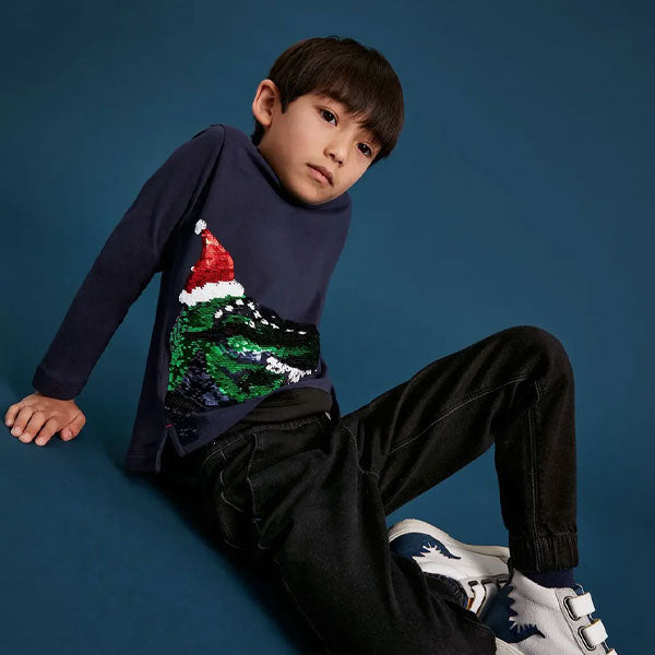 Joules Sequence Christmas Hat Dino Navy Top