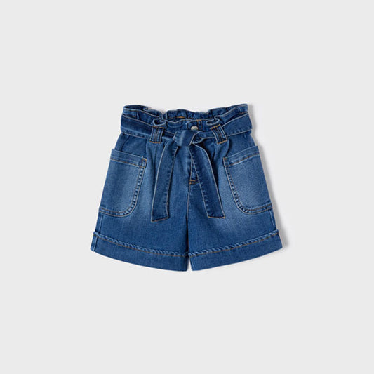 Mayoral Blue Denim Girls Shorts with Tie Belt