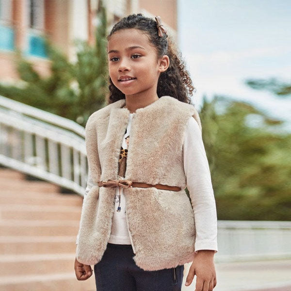 Mayoral Girls Cream Faux Fur Vest with Belt