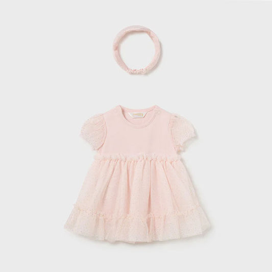 Mayoral Girls Pink Tulle Romper Overlay Skirt, Headband Set