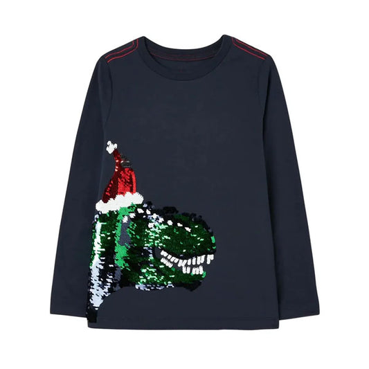 Joules Sequence Christmas Hat Dino Navy Top