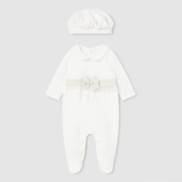 Mayoral Newborn White Velvet One-Piece Footie & Beret