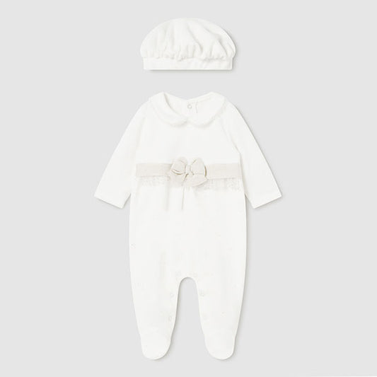 Mayoral Newborn White Velvet One-Piece Footie & Beret