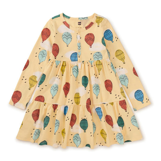 Tea Collection Long Sleeve Air Balloons Yellow Tiered Henley Dress