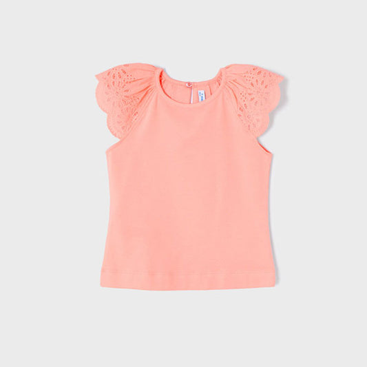 Mayoral Embroidered Short Sleeve Girls Top in Salmon